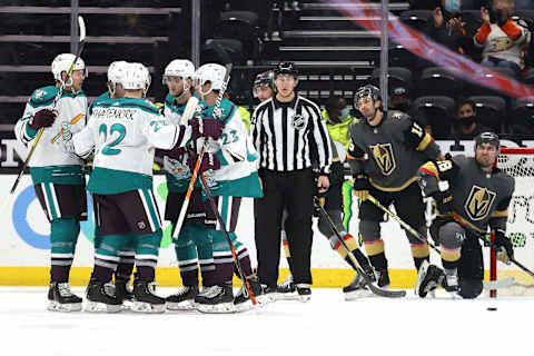 Kevin Shattenkirk #22 congratulates Sam Steel #23 of the Anaheim Ducks (Photo by Sean M. Haffey/Getty Images)