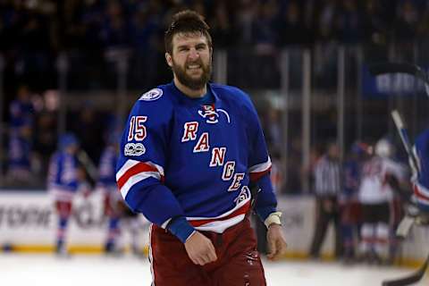 May 4, 2017; New York, NY, USA; New York Rangers left wing Tanner Glass (15) leaves the ice after a fight against the Ottawa Senators during the third period in game four of the second round of the 2017 Stanley Cup Playoffs at Madison Square Garden. Mandatory Credit: Adam Hunger-USA TODAY Sports