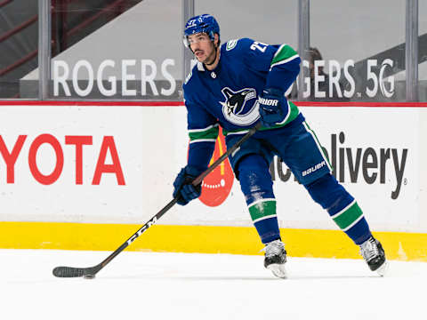 VANCOUVER, BC – MARCH 22: Travis Hamonic #27 of the Vancouver Canucks skates during NHL action against the Winnipeg Jets at Rogers Arena on March 22, 2021 in Vancouver, Canada. (Photo by Rich Lam/Getty Images)