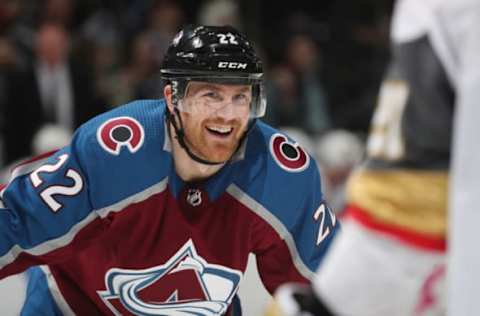 DENVER, CO – MARCH 27: Colin Wilson #22 of the Colorado Avalanche smiles during the game against the Vegas Golden Knights at the Pepsi Center on March 27, 2019 in Denver, Colorado. (Photo by Michael Martin/NHLI via Getty Images)