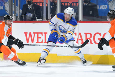 PHILADELPHIA, PA – JANUARY 19: Taylor Hall #4 of the Buffalo Sabres . (Photo by Drew Hallowell/Getty Images)