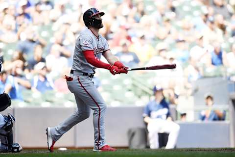 MILWAUKEE, WI – JULY 25: Bryce Harper #34 of the Washington Nationals hits a home run against the Milwaukee Brewers during a game at Miller Park on July 25, 2018 in Milwaukee, Wisconsin. (Photo by Stacy Revere/Getty Images)