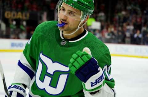 RALEIGH, NC – JANUARY 11: Nino Niederreiter #21 of the Carolina Hurricanes celebrates after scoring a goal during an NHL game against the Los Angeles Kings on January 11, 2020 at PNC Arena in Raleigh, North Carolina. (Photo by Gregg Forwerck/NHLI via Getty Images)