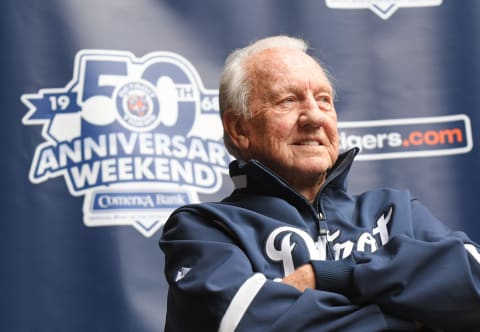 DETROIT, MI – SEPTEMBER 09: Former Detroit Tigers outfielder and baseball Hall-of-Famer Al Kaline looks on and smiles during a Q & A session to honor the 50th anniversary of the 1968 Tigers World Championship prior to the game against the St. Louis Cardinals at Comerica Park on September 9, 2018 in Detroit, Michigan. The Cardinals defeated the Tigers 5-2. (Photo by Mark Cunningham/MLB Photos via Getty Images)