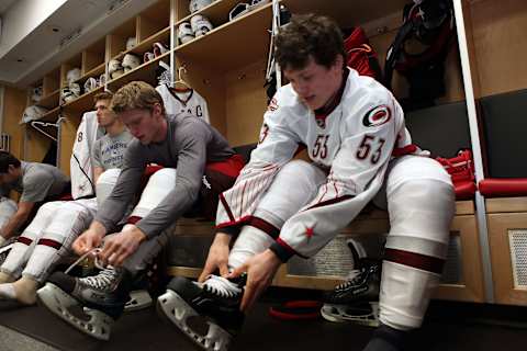 RALEIGH, NC – JANUARY 30: Eric Staal #12 of the Carolina Hurricanes and Jeff Skinner #53 of the Carolina Hurricanes prepare for the game in the team Staal locker room prior to the start of the 58th NHL All-Star Game at the RBC Center on January 30, 2011 in Raleigh, North Carolina. (Photo by Gregg Forwerck/NHLI via Getty Images)