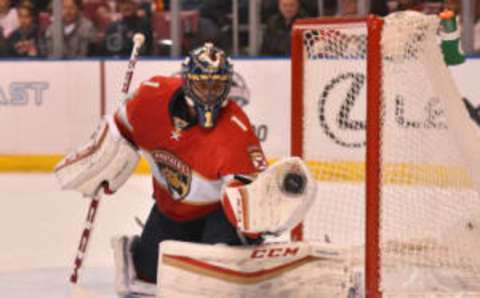 Jan 31, 2017; Sunrise, FL, USA; Florida Panthers goalie Roberto Luongo (1) makes a glove save in the game against the Ottawa Senators during the first period at BB&T Center. Mandatory Credit: Jasen Vinlove-USA TODAY Sports