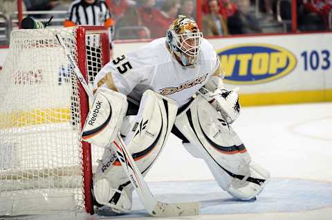 WASHINGTON – JANUARY 27: Jean-Sebastien Giguere #35 of the Anaheim Ducks defends the goal against the Washington Capitals on January 27, 2010, at the Verizon Center in Washington DC. (Photo by G Fiume/Getty Images)