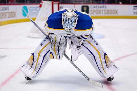 WASHINGTON, DC – MARCH 15: Ukko-Pekka Luukkonen #1 of the Buffalo Sabres looks on against the Washington Capitals during the second period of the game at Capital One Arena on March 15, 2023 in Washington, DC. (Photo by Scott Taetsch/Getty Images)