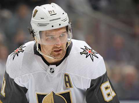 Mark Stone of the Vegas Golden Knights waits for a faceoff against the Toronto Maple Leafs during an NHL game at Scotiabank Arena on November 7, 2019 in Toronto, Ontario, Canada.