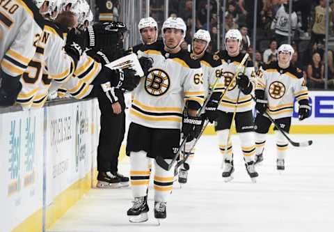 LAS VEGAS, NEVADA – OCTOBER 08: Brad Marchand #63 of the Boston Bruins celebrates with teammates after scoring a goal during the first period against the Vegas Golden Knights at T-Mobile Arena on October 08, 2019 in Las Vegas, Nevada. (Photo by David Becker/NHLI via Getty Images)