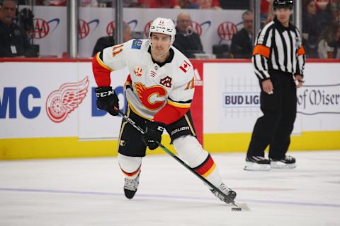 DETROIT, MICHIGAN – FEBRUARY 23: Mikael Backlund #11 of the Calgary Flames skates against the Detroit Red Wings at Little Caesars Arena on February 23, 2020 in Detroit, Michigan. (Photo by Gregory Shamus/Getty Images)