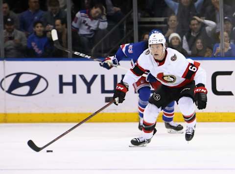 NEW YORK, NEW YORK – MARCH 02: Jakob Chychrun #6 of the Ottawa Senators skates against the New York Rangers during the first period at Madison Square Garden on March 02, 2023 in New York City. The Senators defeated the Rangers 5-3. (Photo by Bruce Bennett/Getty Images)