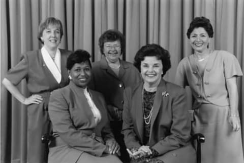 Sens. Patty Murray, Barbara Mikulski, Barbara Boxer, Carol Moseley-Braun, and Diane Feinstein in 1992.