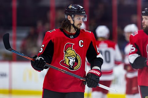 OTTAWA, ON – MARCH 24: Ottawa Senators Defenceman Erik Karlsson (65) waits for a face-off during first period National Hockey League action between the Carolina Hurricanes and Ottawa Senators on March 24, 2018, at Canadian Tire Centre in Ottawa, ON, Canada. (Photo by Richard A. Whittaker/Icon Sportswire via Getty Images)