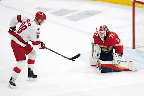 May 22, 2023; Sunrise, Florida, USA; Carolina Hurricanes center Martin Necas (88)  . Mandatory Credit: Jasen Vinlove-USA TODAY Sports