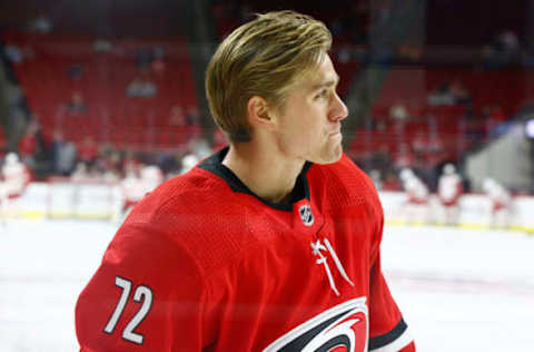 RALEIGH, NORTH CAROLINA – DECEMBER 16: Jack Drury #72 of the Carolina Hurricanes looks on prior to the game against the Detroit Red Wings at PNC Arena on December 16, 2021, in Raleigh, North Carolina. (Photo by Jared C. Tilton/Getty Images)