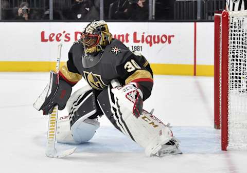 LAS VEGAS, NV – MARCH 23: Malcolm Subban #30 of the Vegas Golden Knights tends goal during the second period against the Detroit Red Wings at T-Mobile Arena on March 23, 2019 in Las Vegas, Nevada. (Photo by David Becker/NHLI via Getty Images)