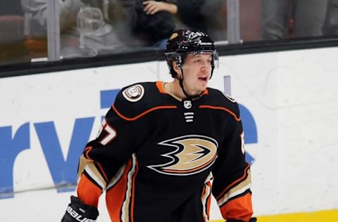 ANAHEIM, CA – MARCH 06: Anaheim Ducks center Rickard Rakell (67) on the ice after scoring a goal in the second period of a game against the Washington Capitals played on March 6, 2018, at the Honda Center in Anaheim, CA. (Photo by John Cordes/Icon Sportswire via Getty Images)