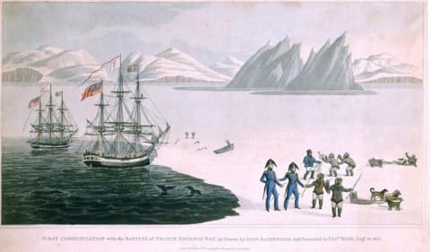 John Sacheuse's sketch shows John Ross and William Edward Parry (in blue naval uniforms) meeting Inughuit in northwestern Greenland.