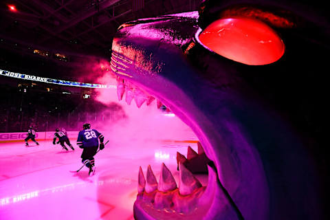 SAN JOSE, CA – NOVEMBER 17: Timo Meier #28 of the San Jose Sharks and the rest of the team takes the ice against the St Louis Blues at SAP Center on November 17, 2018 in San Jose, California (Photo by Brandon Magnus/NHLI via Getty Images)