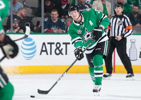 DALLAS, TX – MARCH 31: John Klingberg #3 of the Dallas Stars handles the puck against the Minnesota Wild at the American Airlines Center on March 31, 2018 in Dallas, Texas. (Photo by Glenn James/NHLI via Getty Images)