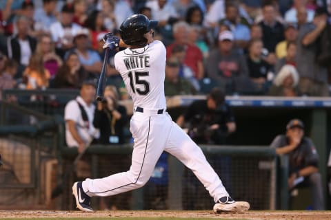 SURPRISE, AZ – NOVEMBER 03: AFL West All-Star, Evan White #15 of the Seattle Mariners bats during the Arizona Fall League All Star Game at Surprise Stadium on November 3, 2018 in Surprise, Arizona. (Photo by Christian Petersen/Getty Images)