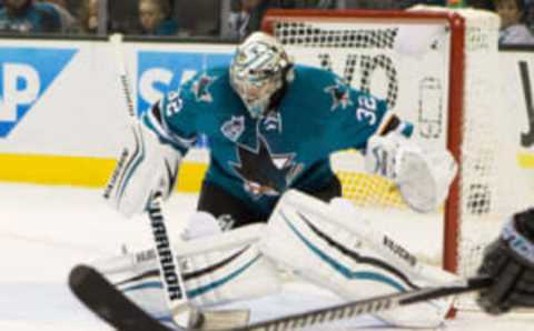 Jan 2, 2016; San Jose, CA, USA; San Jose Sharks goalie Alex Stalock (32) makes a save against Winnipeg Jets in the third period at SAP Center at San Jose. The Winnipeg Jets defeat the San Jose Sharks 4 to 1. Mandatory Credit: Neville E. Guard-USA TODAY Sports