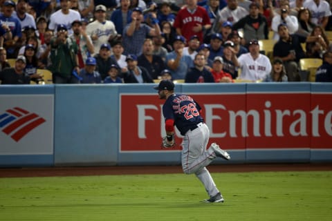 LOS ANGELES, CA – OCTOBER 28: J.D. Martinez #28 of the Boston Red Sox misplays a David Freese #25 of the Los Angeles Dodgers triple during Game 5 of the 2018 World Series at Dodger Stadium on Sunday, October 28, 2018 in Los Angeles, California. (Photo by Rob Leiter/MLB Photos via Getty Images)