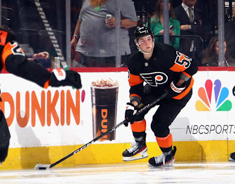 Tyson Foerster of the Philadelphia Flyers controls the puck against the Buffalo Sabres. (Photo by Bruce Bennett/Getty Images)