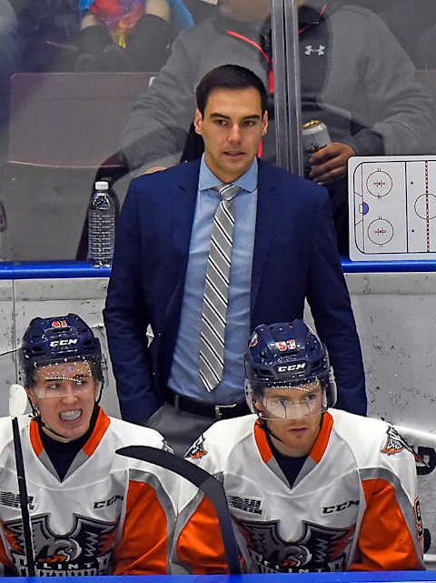 MISSISSAUGA, ON – JANUARY 18: Head coach Eric Wellwood of the Flint Firebirds watches the play develop against the Mississauga Steelheads on January 18, 2019 at Paramount Fine Foods Centre in Mississauga, Ontario, Canada. (Photo by Graig Abel/Getty Images)