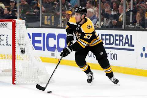 BOSTON, MA – APRIL 19: Boston Bruins defenseman John Moore (27) starts up ice during Game 5 of the First Round Stanley Cup Playoffs between the Boston Bruins and the Toronto Maple Leafs on April 19, 2019, at TD garden in Boston, Massachusetts. (Photo by Fred Kfoury III/Icon Sportswire via Getty Images)