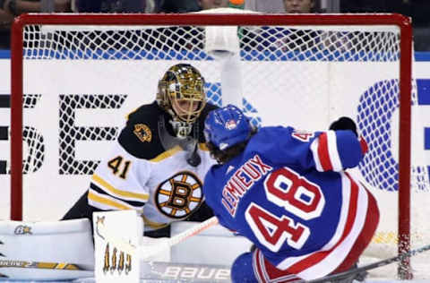 NEW YORK, NEW YORK – OCTOBER 27: Jaroslav Halak #41 of the Boston Bruins makes the third period chest save on Brendan Lemieux #48 of the New York Rangers at Madison Square Garden on October 27, 2019 in New York City. The Bruins defeated the Rangers 7-4. (Photo by Bruce Bennett/Getty Images)