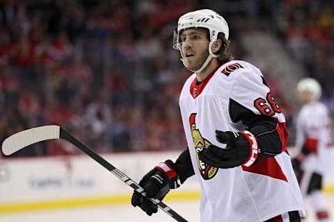 WASHINGTON, DC – FEBRUARY 27: Mike Hoffman #68 of the Ottawa Senators looks on against the Washington Capitals during the third period at Capital One Arena on February 27, 2018 in Washington, DC. (Photo by Patrick Smith/Getty Images)