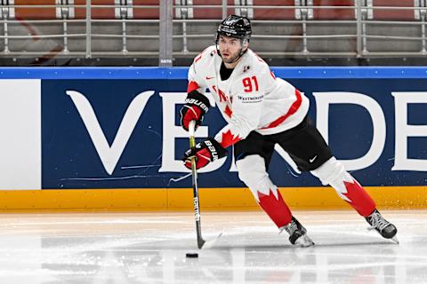 RIGA, LATVIA – MAY 14: Adam Fantilli of Canada in action during the 2023 IIHF Ice Hockey World Championship Finland – Latvia game between Slovenia and Canada at Arena Riga on May 14, 2023 in Riga, Latvia. (Photo by Andrea Branca/Eurasia Sport Images/Getty Images)