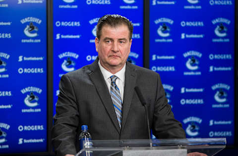 VANCOUVER, BC – FEBRUARY 28: Vancouver Canucks General Manager Jim Benning speaks to the media after a game between against the Vancouver Canucks and Detroit Red Wings. Benning was discussing the recent trades of Vancouver Canucks Left Wing Alexandre Burrows (14) and Vancouver Canucks Right Wing Jannik Hansen (36). February 28, 2017, at Rogers Arena in Vancouver, BC. (Photo by Bob Frid/Icon Sportswire via Getty Images)