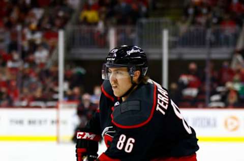 RALEIGH, NORTH CAROLINA – MAY 17: Teuvo Teravainen #86 of the Carolina Hurricanes looks to pass during the first period in Game One of the First Round of the 2021 Stanley Cup Playoffs against the Nashville Predators at PNC Arena on May 17, 2021 in Raleigh, North Carolina. (Photo by Jared C. Tilton/Getty Images.