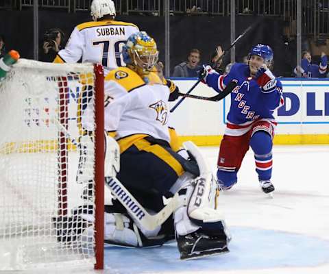 NEW YORK, NEW YORK – OCTOBER 04: Jesper Fast #17 of the New York Rangers celebrates his second period goal against Pekka Rinne #35 of the Nashville Predators at Madison Square Garden on October 04, 2018 in New York City. (Photo by Bruce Bennett/Getty Images)