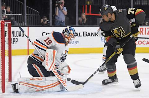 Mikko Koskinen of the Edmonton Oilers defends the net against Ryan Reaves of the Vegas Golden Knights in the second period of their game at T-Mobile Arena on February 26, 2020.