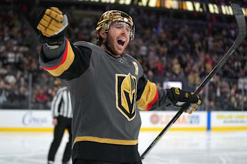 Mar 19, 2022; Las Vegas, Nevada, USA; Jonathan Marchessault. Mandatory Credit: Stephen R. Sylvanie-USA TODAY Sports