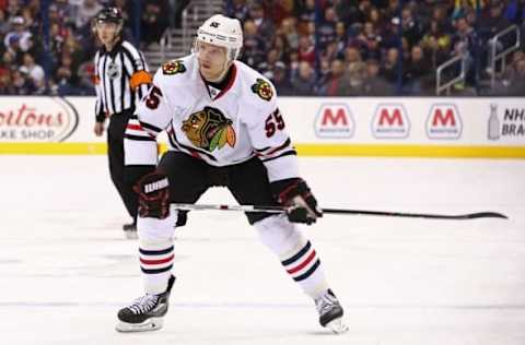 Apr 9, 2016; Columbus, OH, USA; Chicago Blackhawks defenseman Christian Ehrhoff (55) against the Columbus Blue Jackets at Nationwide Arena. The Blue Jackets won 5-4 in overtime. Mandatory Credit: Aaron Doster-USA TODAY Sports