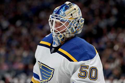 DENVER, COLORADO – JANUARY 02: Jordan Binnington #50 of the St Louis Blues tends goal against the Colorado Avalanche in the second period at the Pepsi Center on January 02, 2020 in Denver, Colorado. (Photo by Matthew Stockman/Getty Images)