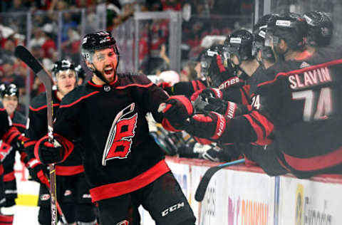 RALEIGH, NORTH CAROLINA – MAY 02: Vincent Trocheck #16 of the Carolina Hurricanes celebrates after scoring against the Boston Bruins during the third period of Game One of the First Round of the 2022 Stanley Cup Playoffs at PNC Arena on May 02, 2022, in Raleigh, North Carolina. The Hurricanes won 5-1. (Photo by Grant Halverson/Getty Images)