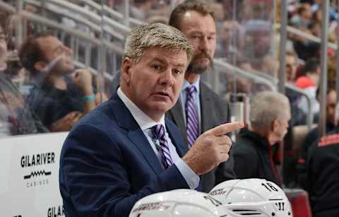 GLENDALE, AZ – NOVEMBER 04: Head coach Bill Peters of the Carolina Hurricanes getsures during third period action against the Arizona Coyotes at Gila River Arena on November 4, 2017 in Glendale, Arizona. (Photo by Norm Hall/NHLI via Getty Images)