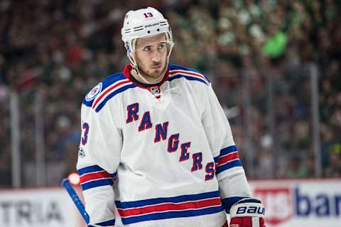 Mar 18, 2017; Saint Paul, MN, USA; New York Rangers forward Kevin Hayes (13) against the Minnesota Wild at Xcel Energy Center. The Rangers defeated the Wild 3-2. Mandatory Credit: Brace Hemmelgarn-USA TODAY Sports