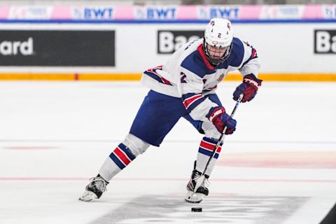 BASEL, SWITZERLAND – APRIL 30: Will Smith of United States during final of U18 Ice Hockey World Championship match between United States and Sweden at St. Jakob-Park at St. Jakob-Park on April 30, 2023 in Basel, Switzerland. (Photo by Jari Pestelacci/Eurasia Sport Images/Getty Images)