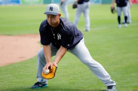 Feb 28, 2017; Fort Myers, FL, USA; New York Yankees first baseman Rob Refsnyder (38) works out prior to their game against the Boston Red Sox at JetBlue Park. Mandatory Credit: Kim Klement-USA TODAY Sports