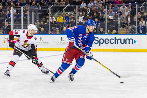 NEW YORK, NY – NOVEMBER 19: New York Rangers Right Wing Pavel Buchnevich (89) works to the net during the first period of a regular season NHL game between the Ottawa Senators and the New York Rangers on November 19, 2017, at Madison Square Garden in New York, NY. (Photo by David Hahn/Icon Sportswire via Getty Images)