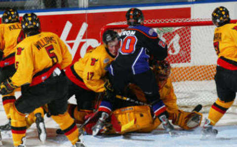 KITCHENER, ON – MAY 19: A goal mouth scrum with Matt Beleskey #17 of the Belleville Bulls falling in to Paul Byron #20 of the Gatineau Olympiques in the 4th game of the Memorial Cup round robin on May 19, 2008 at the Kitchener Memorial Auditorium in Kitchener, Ontario. The Bulls defeated the Olympiques 6-3. (Photo by Claus Andersen/Getty Images)