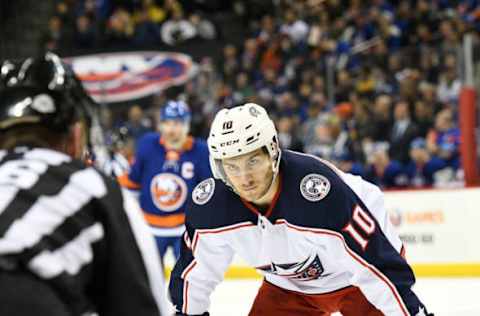 NEW YORK, NY – FEBRUARY 03: Alexander Wennberg #10 of the Columbus Blue Jackets looks on during the second period against the New York Islanders at Barclays Center on February 3, 2018 in New York City. (Photo by Christopher Pasatieri/NHLI via Getty Images)