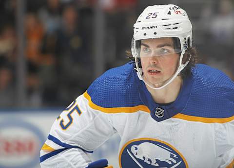 TORONTO, ON – APRIL 12: Owen Power #25 of the Buffalo Sabres skates in his 1st NHL game against the Toronto Maple Leafs at Scotiabank Arena on April 12, 2022 in Toronto, Ontario, Canada. The Sabres defeated the Maple Leafs 5-2. (Photo by Claus Andersen/Getty Images)